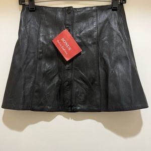 Leather Mini Skirt With Snap Button in Front - Lamb Skin Black Color Skirt - New